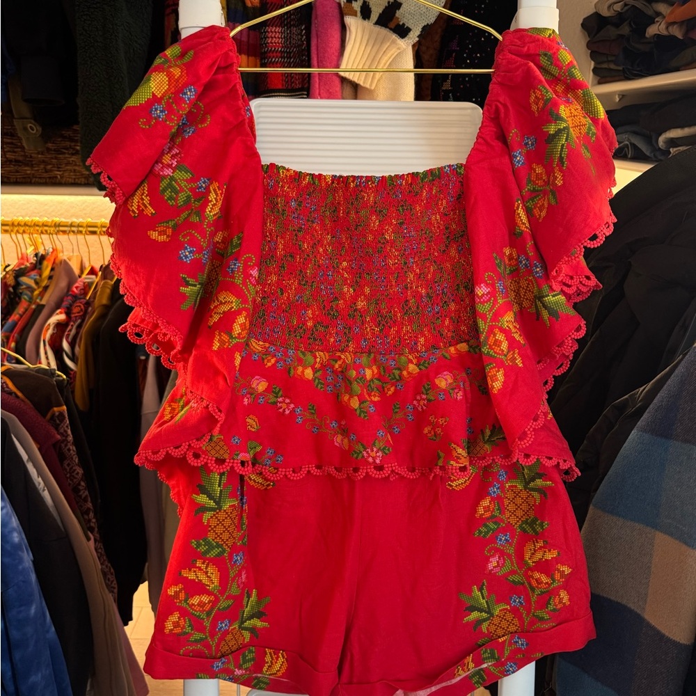 Red Floral Embroidered Women's Top